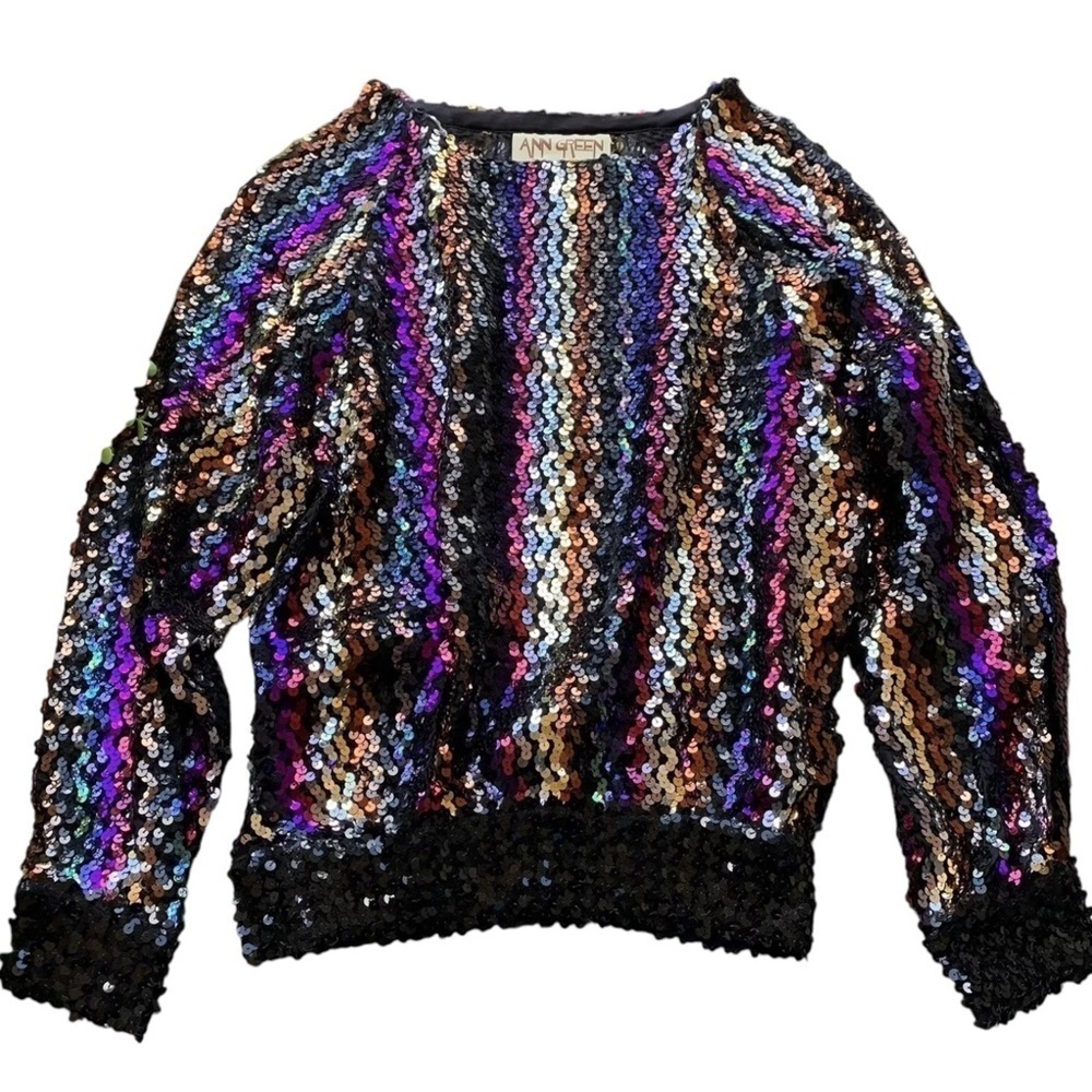 Vtg 70s Ann Green Metallic Sequined Striped Party Top Black Multicolor Size M
